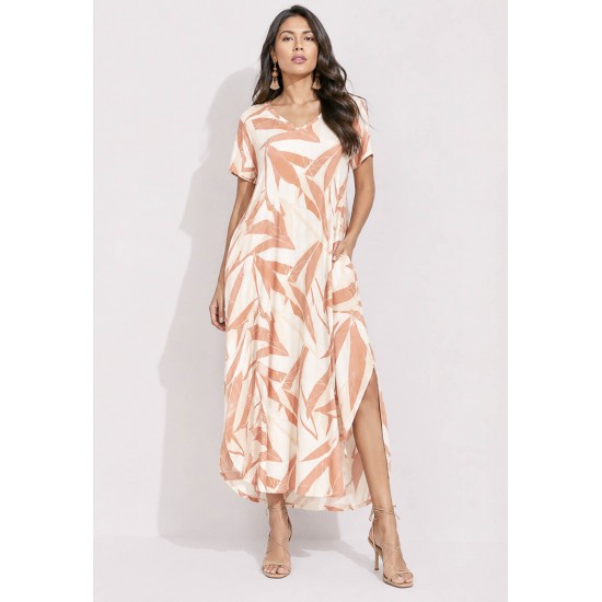 Vestido Midi Abapã Malha com Bolso Estampa Verde Selvagem Laranja