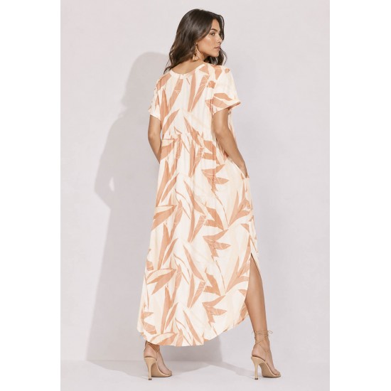 Vestido Midi Abapã Malha com Bolso Estampa Verde Selvagem Laranja