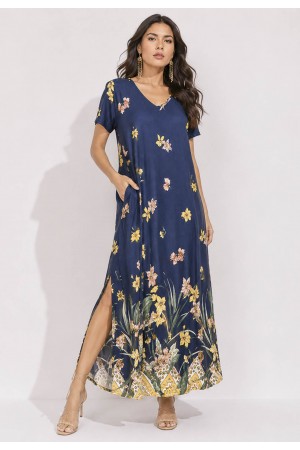 Vestido Midi Abapã Malha com Bolso Estampa Floresce Azul