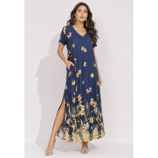 Vestido Midi Abapã Malha com Bolso Estampa Floresce Azul