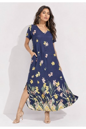 Vestido Midi Abapã Malha com Bolso Estampa Floresce Azul