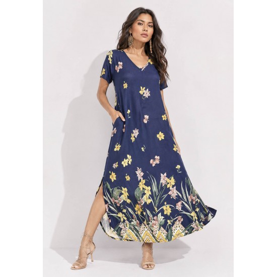 Vestido Midi Abapã Malha com Bolso Estampa Floresce Azul