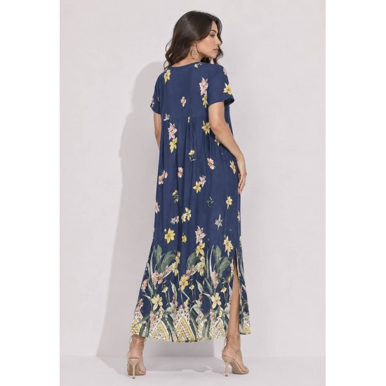 Vestido Midi Abapã Malha com Bolso Estampa Floresce Azul