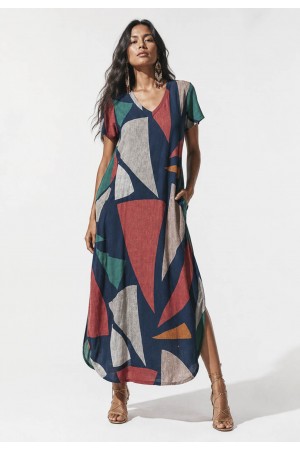 Vestido Midi Abapã Malha com Bolso Estampa Geometrias do Tempo