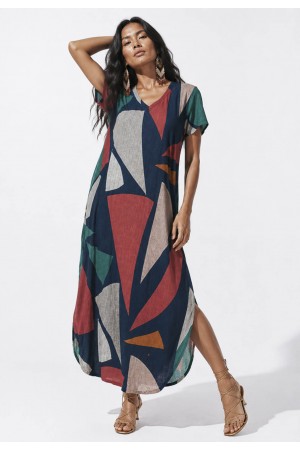 Vestido Midi Abapã Malha com Bolso Estampa Geometrias do Tempo