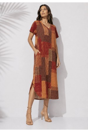 Vestido Midi Abapã Malha com Bolso Estampa Tramas do Sol