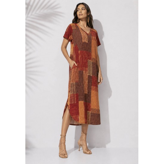 Vestido Midi Abapã Malha com Bolso Estampa Tramas do Sol