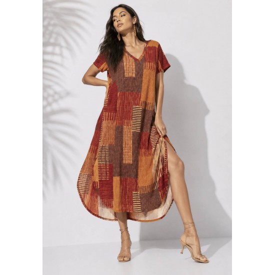 Vestido Midi Abapã Malha com Bolso Estampa Tramas do Sol