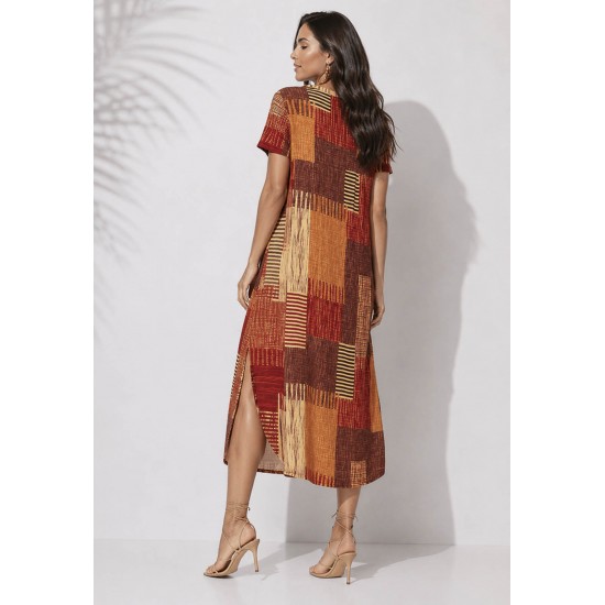 Vestido Midi Abapã Malha com Bolso Estampa Tramas do Sol