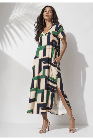 Vestido Midi Abapã Malha com Bolso Estampa Chapada de Areia