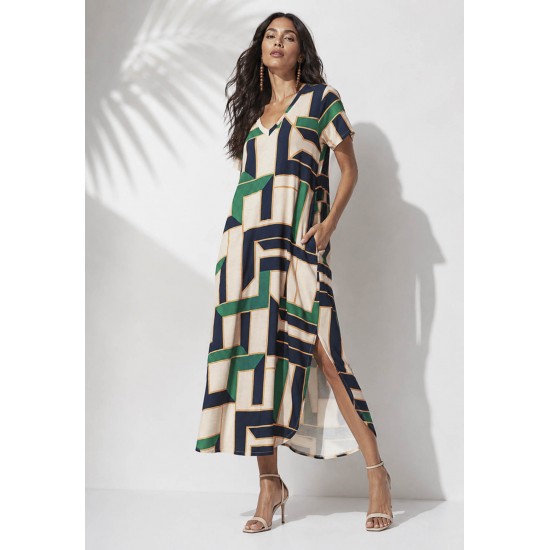 Vestido Midi Abapã Malha com Bolso Estampa Chapada de Areia