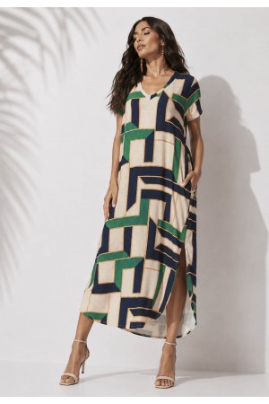 Vestido Midi Abapã Malha com Bolso Estampa Chapada de Areia
