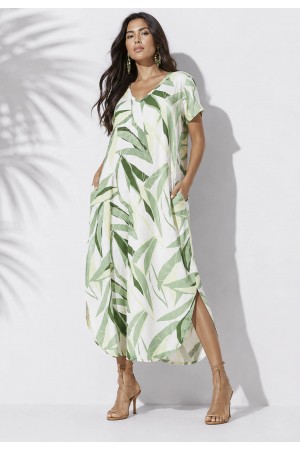 Vestido Midi Abapã Malha com Bolso Estampa Verde Selvagem