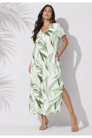 Vestido Midi Abapã Malha com Bolso Estampa Verde Selvagem