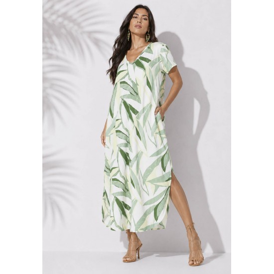 Vestido Midi Abapã Malha com Bolso Estampa Verde Selvagem