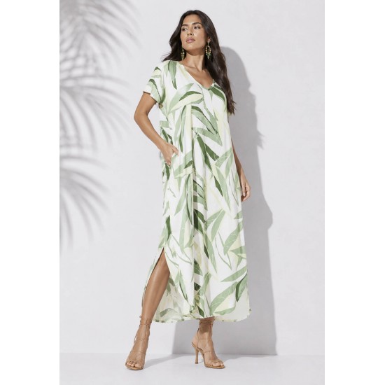 Vestido Midi Abapã Malha com Bolso Estampa Verde Selvagem