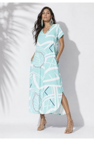 Vestido Midi Abapã Malha com Bolso Estampa Aqua Flora