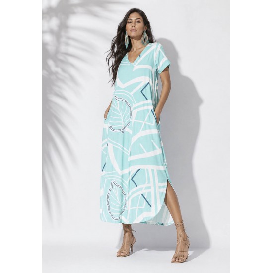 Vestido Midi Abapã Malha com Bolso Estampa Aqua Flora