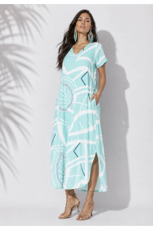 Vestido Midi Abapã Malha com Bolso Estampa Aqua Flora