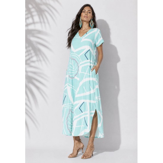 Vestido Midi Abapã Malha com Bolso Estampa Aqua Flora