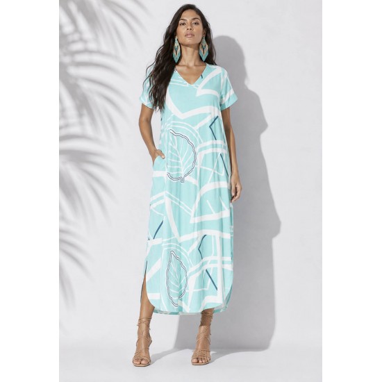 Vestido Midi Abapã Malha com Bolso Estampa Aqua Flora