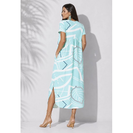 Vestido Midi Abapã Malha com Bolso Estampa Aqua Flora