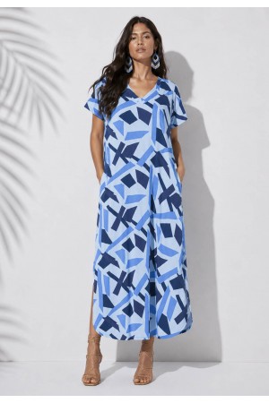 Vestido Midi Abapã Malha com Bolso Estampa Caminhos de Azul
