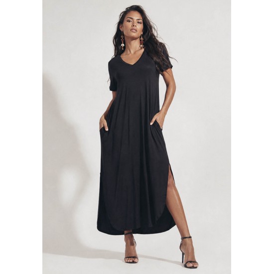 Vestido Midi Abapã Malha com Bolso Preto