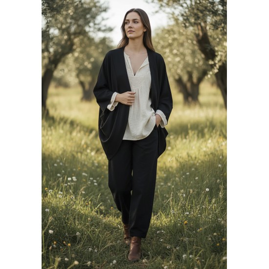 Kimono Malha Manga Ampla Preto