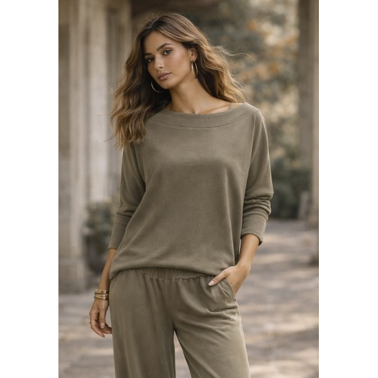 Blusa Canoa Malha Manga 3/4 Areia