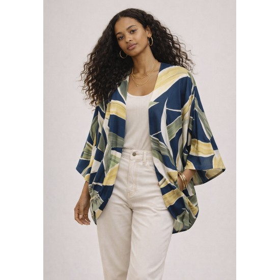 Kimono Malha Manga Ampla Estampa Selva Azul