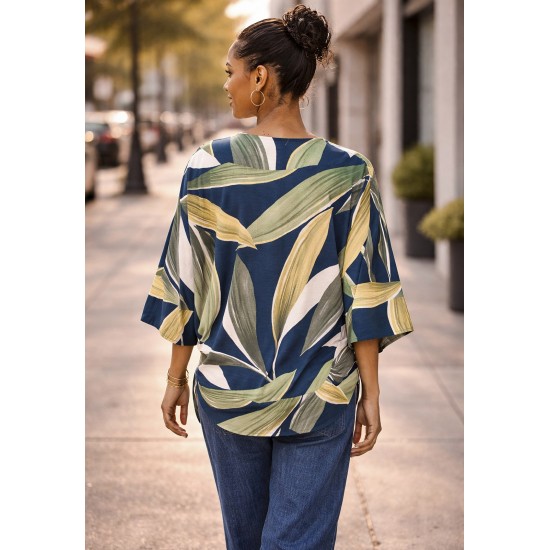 Kimono Malha Manga Ampla Estampa Selva Azul