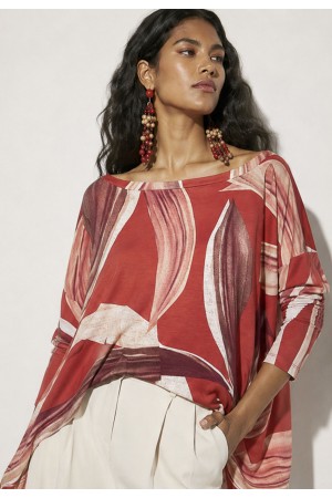 Blusa Ampla Malha Morcego Manga Longa Estampa Selva Bordô