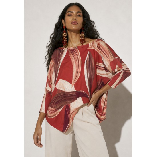 Blusa Ampla Malha Morcego Manga Longa Estampa Selva Bordô