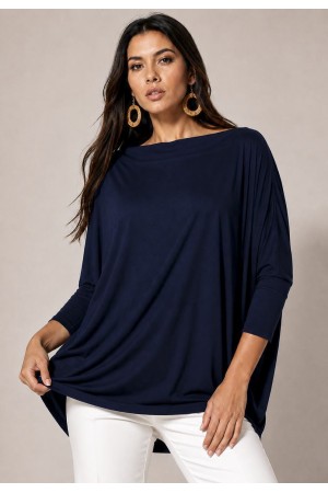 Blusa Ampla Malha Morcego Manga Longa Azul Marinho