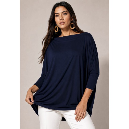 Blusa Ampla Malha Morcego Manga Longa Azul Marinho