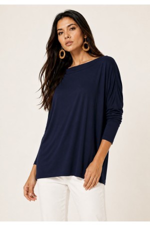 Blusa Ampla Malha Morcego Manga Longa Azul Marinho