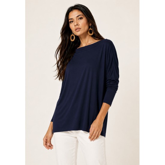 Blusa Ampla Malha Morcego Manga Longa Azul Marinho