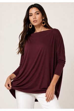 Blusa Ampla Malha Morcego Manga Longa Bordô