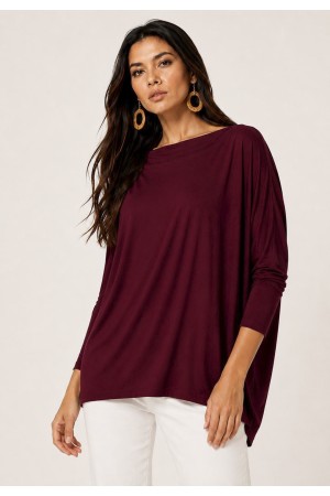 Blusa Ampla Malha Morcego Manga Longa Bordô