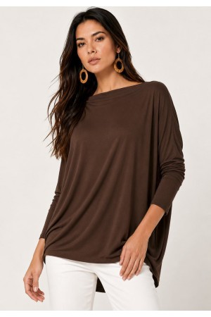 Blusa Ampla Malha Morcego Manga Longa Marrom