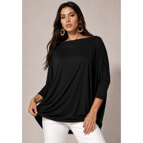 Blusa Ampla Malha Morcego Manga Longa Preta