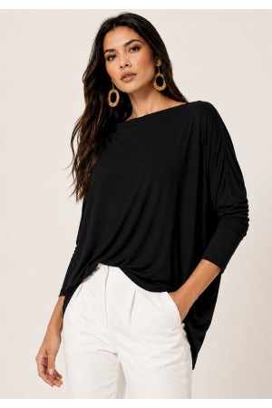 Blusa Ampla Malha Morcego Manga Longa Preta