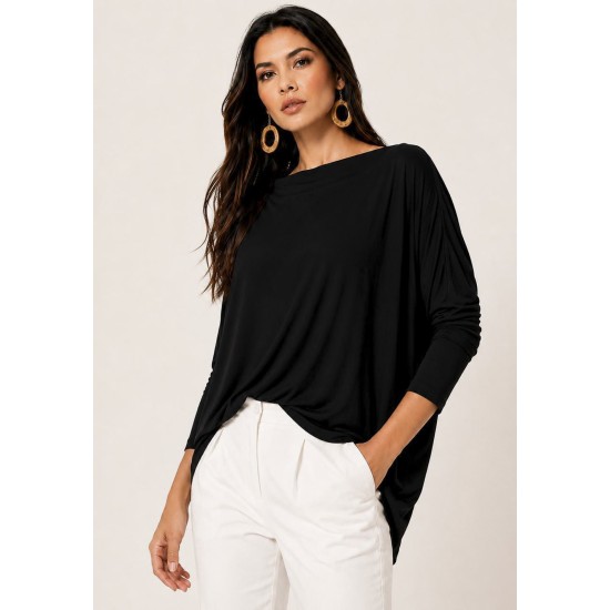Blusa Ampla Malha Morcego Manga Longa Preta