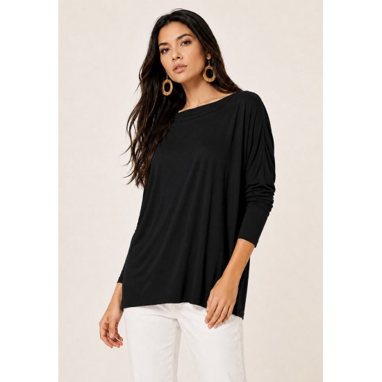 Blusa Ampla Malha Morcego Manga Longa Preta