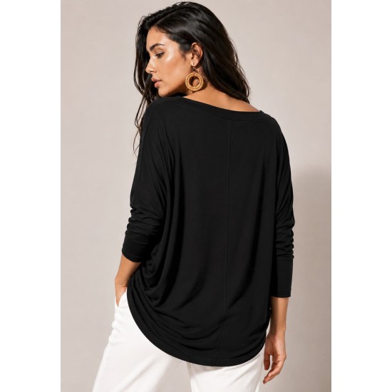Blusa Ampla Malha Morcego Manga Longa Preta