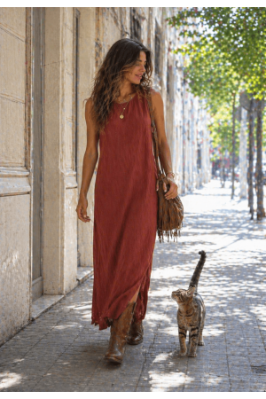 Vestido Longo Linho com Viscose com Bolso Terracota