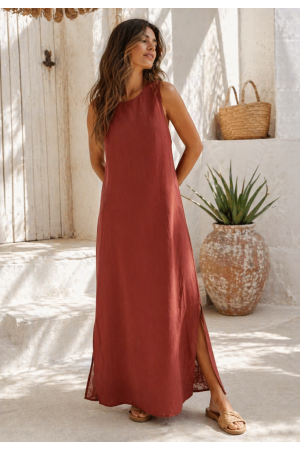 Vestido Longo Linho com Viscose com Bolso Terracota