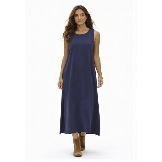 Vestido Longo Linho com Viscose com Bolso Azul Marinho