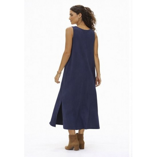 Vestido Longo Linho com Viscose com Bolso Azul Marinho
